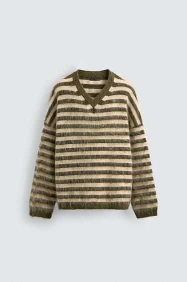 Zara BRUSHED STRIPED JUMPER - Green