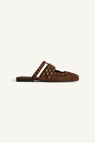 LIMITED EDITION STUDDED SPLIT SUEDE MULES - Brown by Zara - Image 4