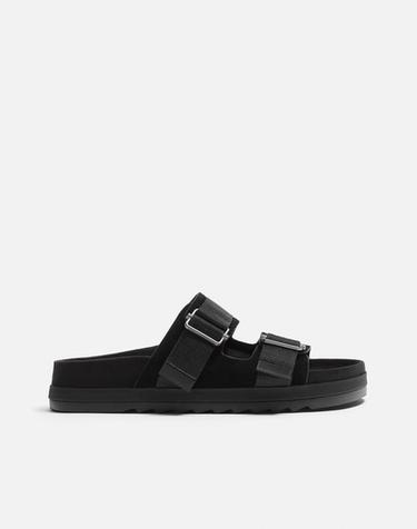 DOUBLE STRAP LEATHER SANDALS - Black by Zara