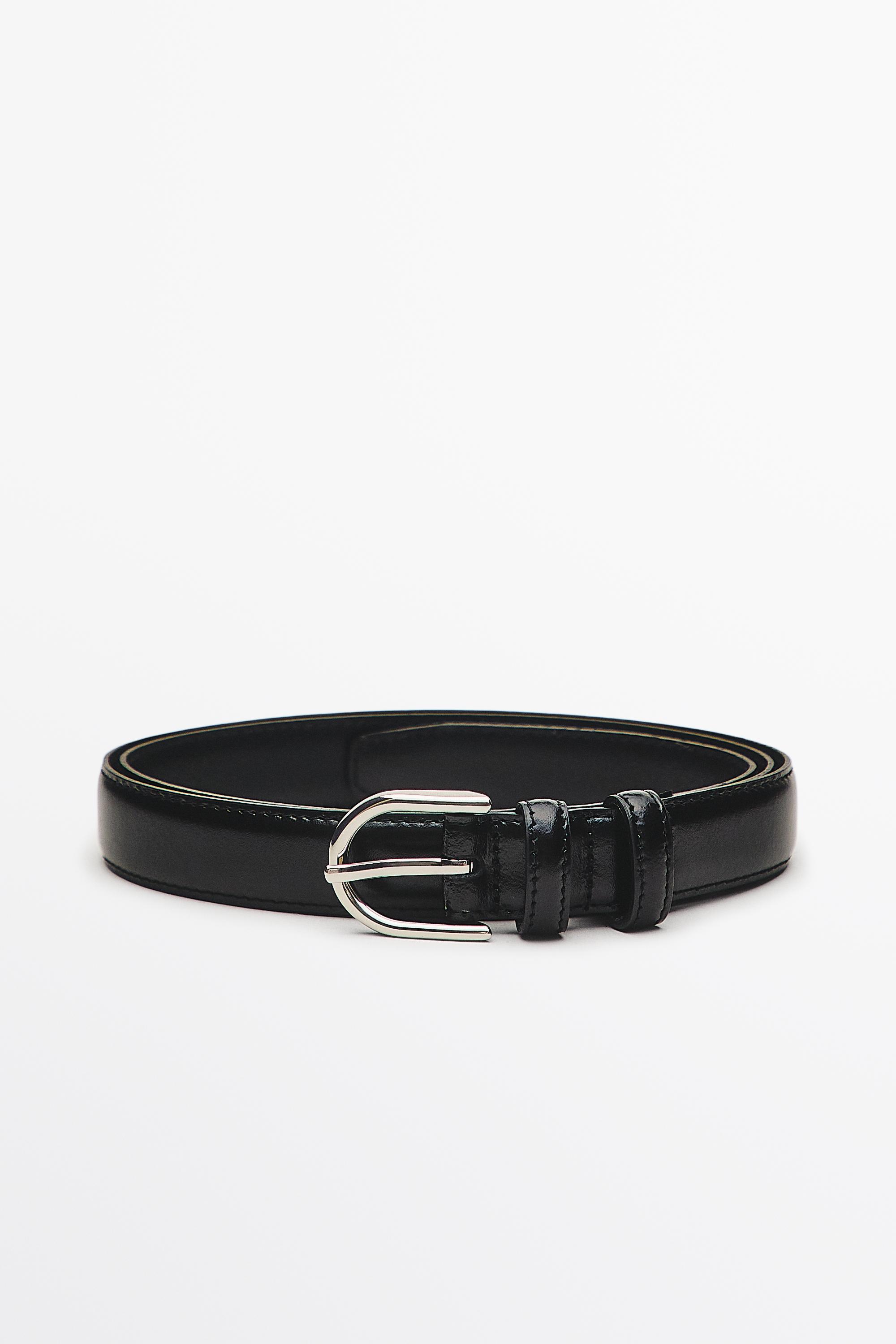 Nappa leather belt with topstitching and oval buckle — Black