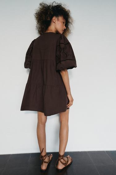 ROBE COURTE EN POPELINE BRODÉE - Marron de Zara - Image 3