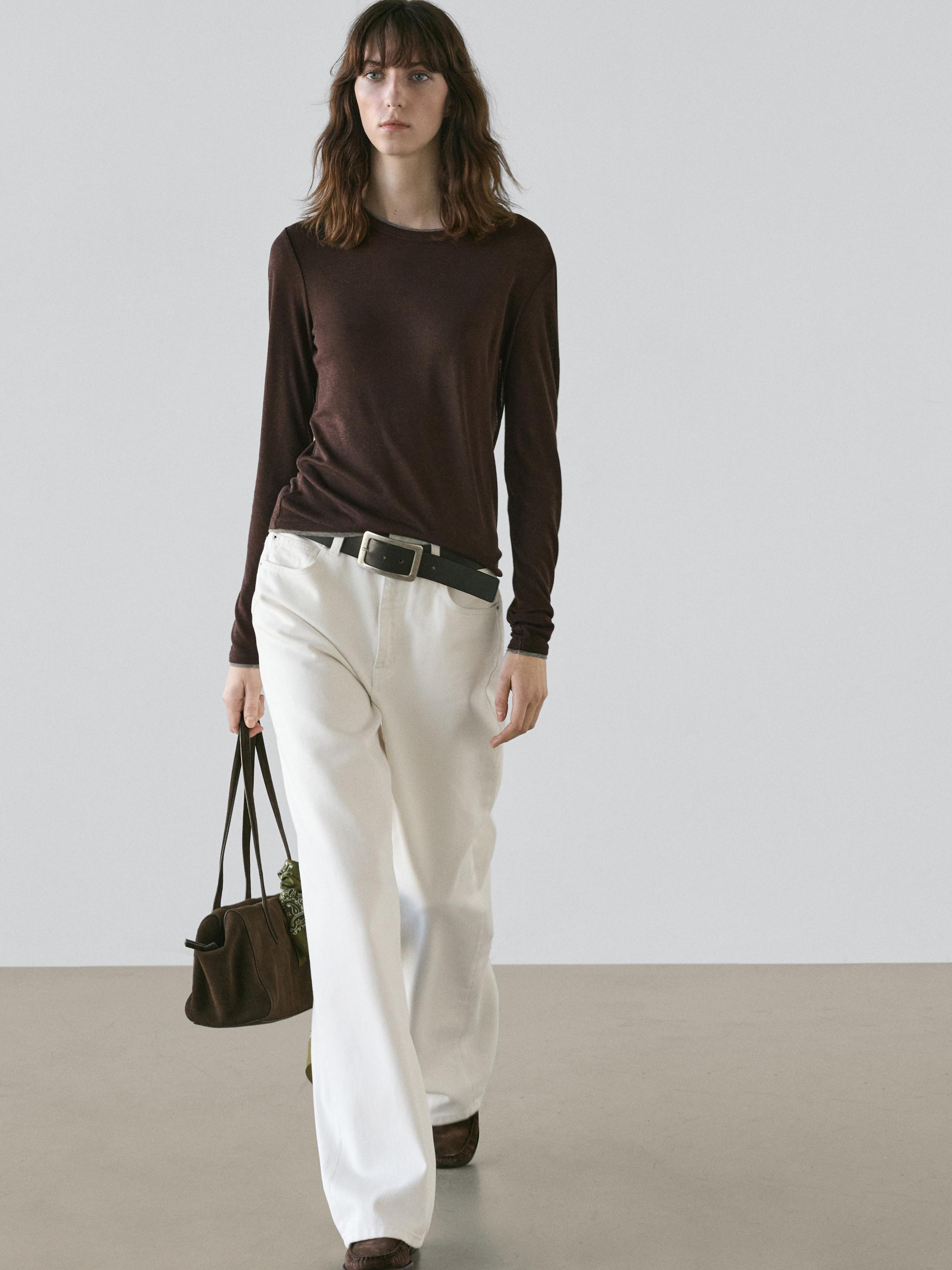 Long sleeve T-shirt with double layer trim