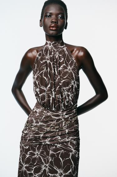 HALTER PRINTED TULLE MAXI DRESS - Brown by Zara
