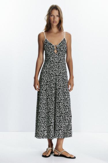 Zara FLORAL PRINT MIDI DRESS - Black / Ecru