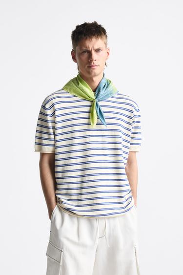 Zara STRIPED KNIT T-SHIRT - Bluish