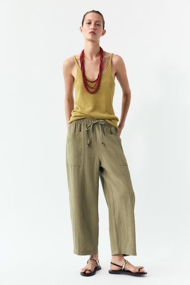 Zara RUSTIC ELASTIC WAIST PANTS - Khaki