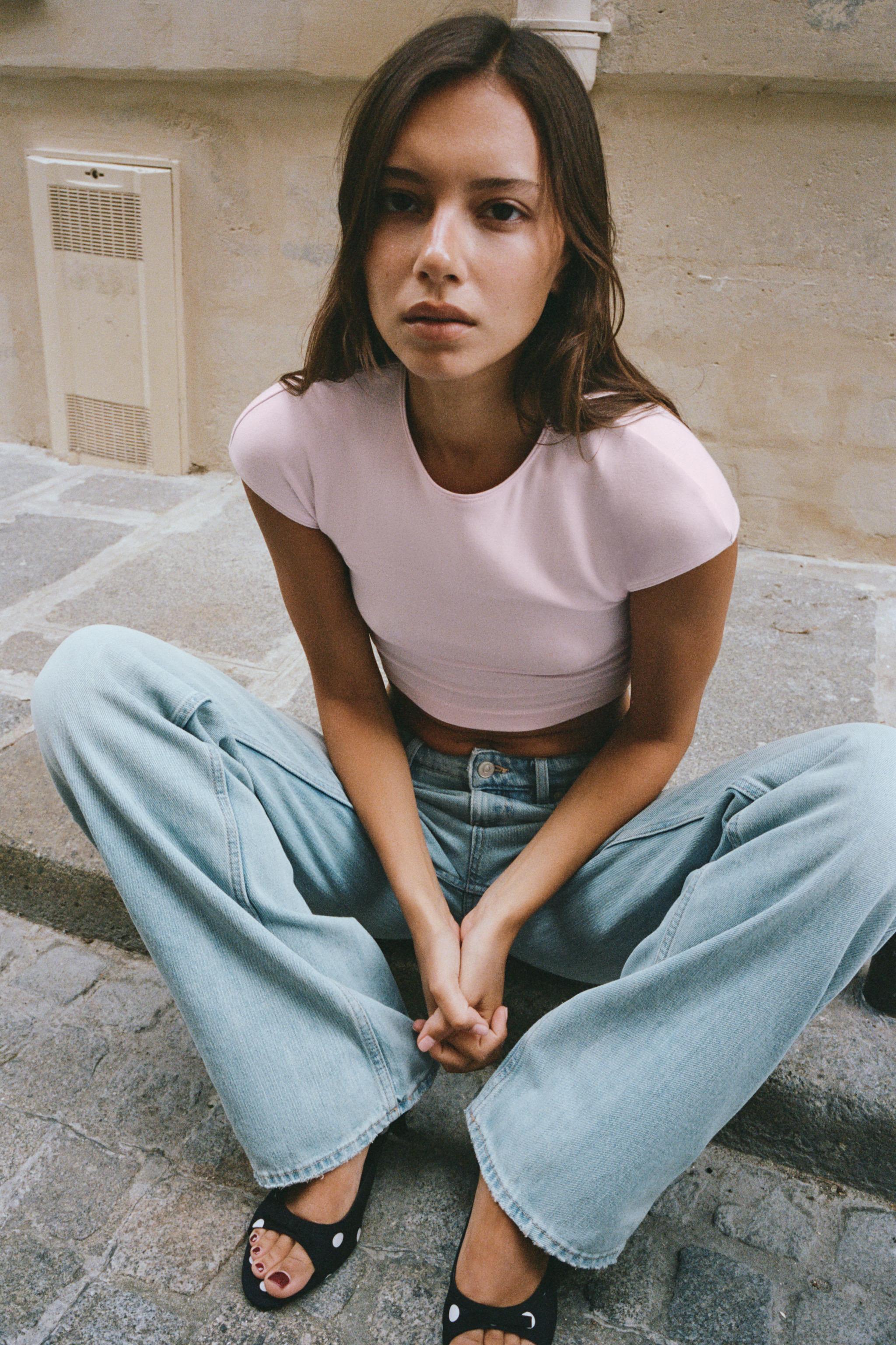 SHORT SLEEVE CROPPED T-SHIRT — Chalk pink