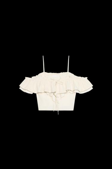 Zara COLD-SHOULDER BEADED CROP TOP - Ecru - Image 0