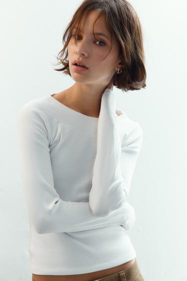 RIBBED BOAT NECK T-SHIRT - White by Zara