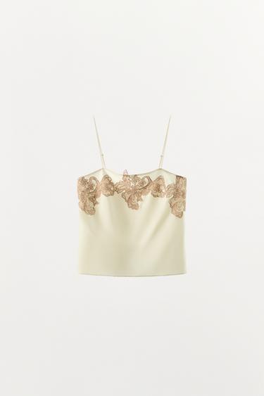 SATIN LACE TOP - Ecru by Zara