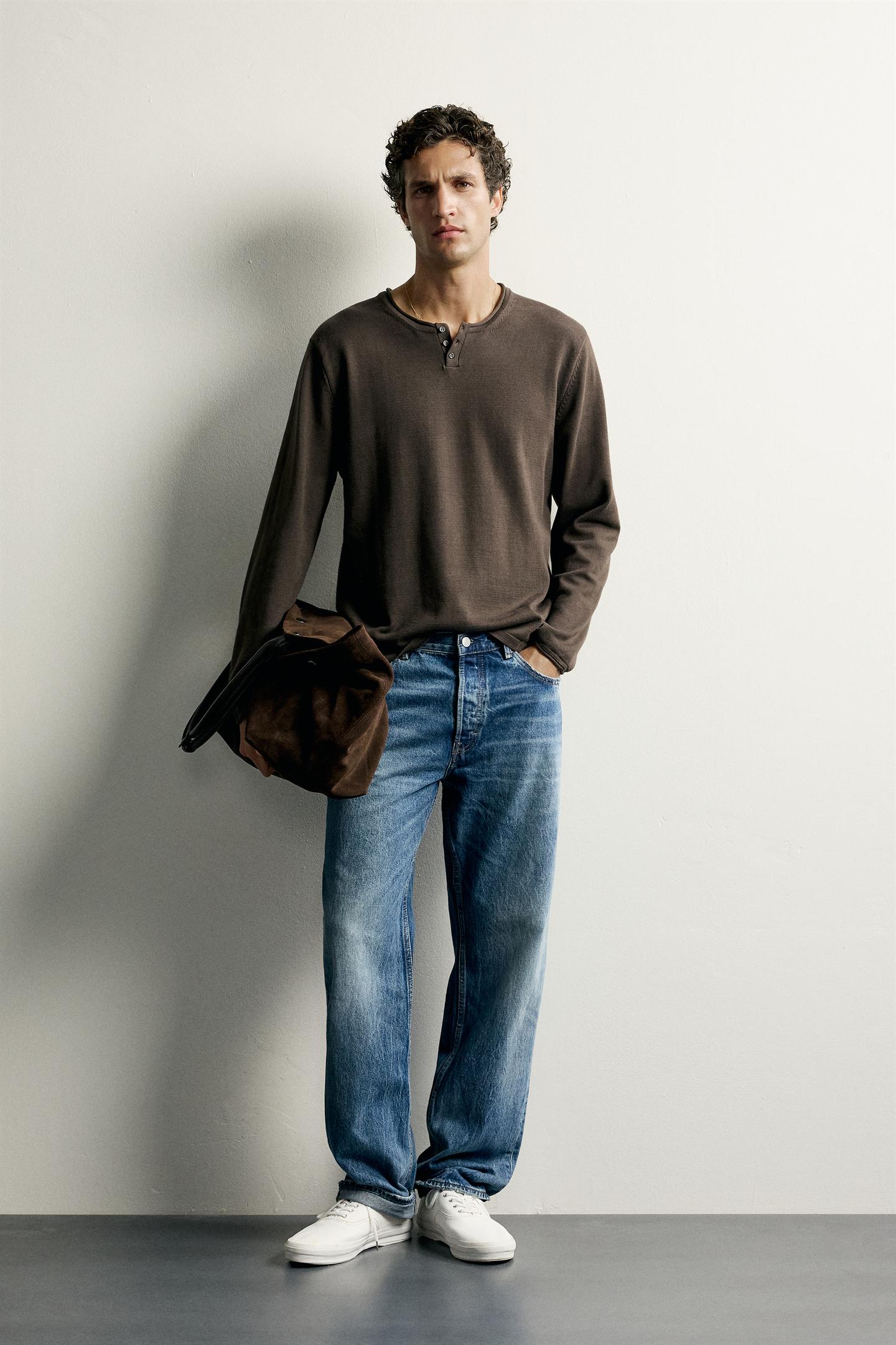 Мужская футболка Zara Striped Henley Knit, цвет: Шоколадный — фото 1