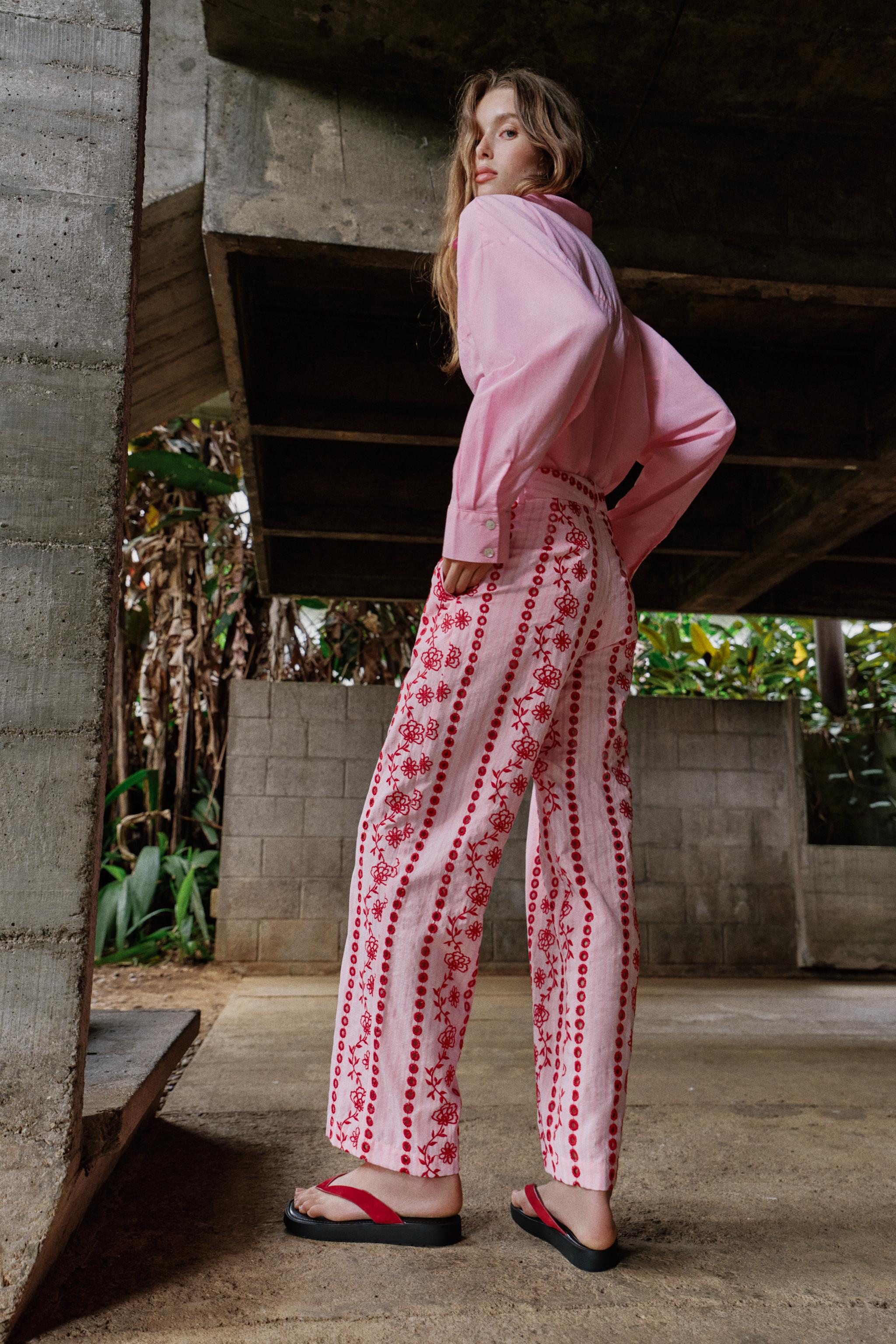 PANTS WITH OPENWORK EMBROIDERY - Pink | ZARA United States