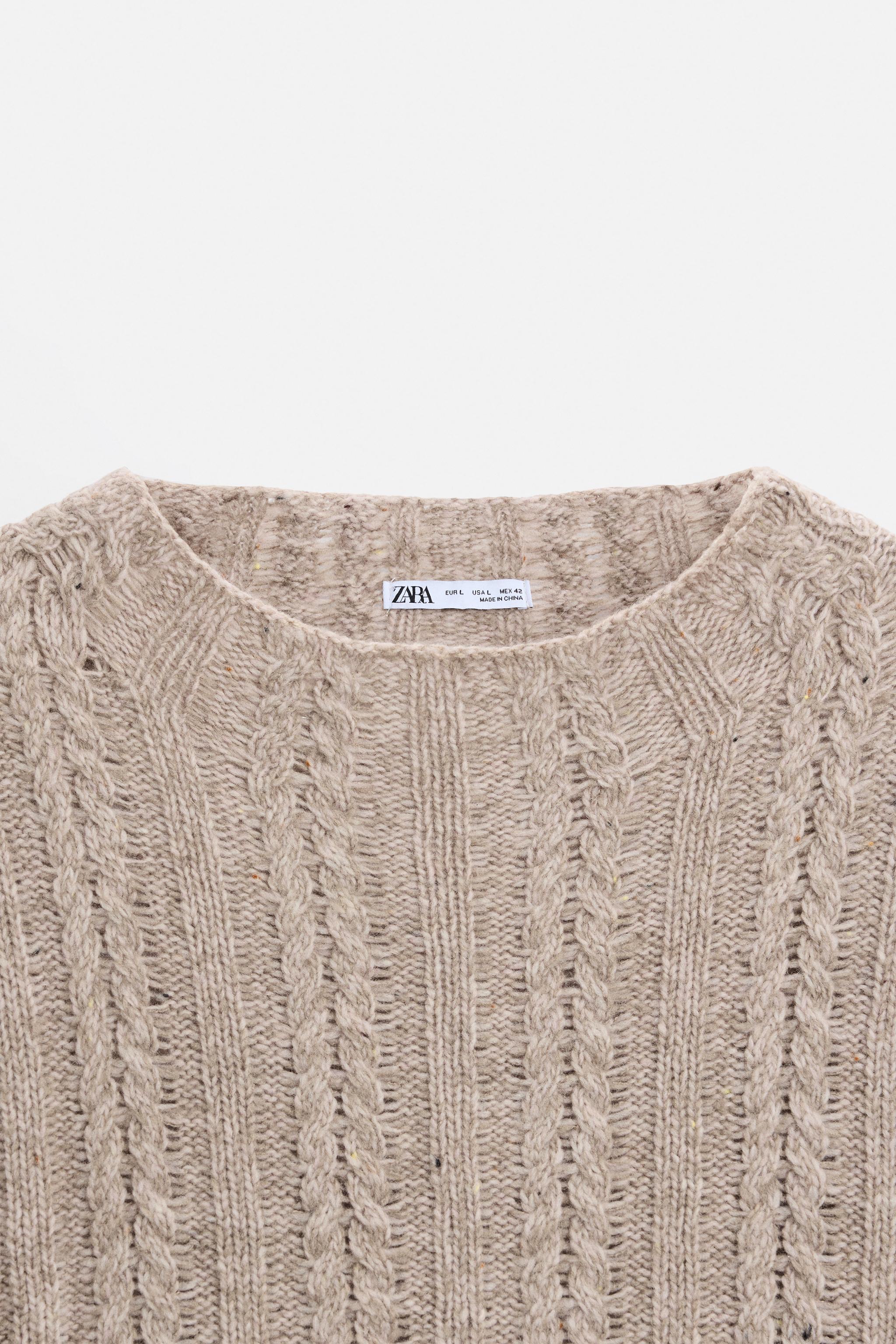 ZARA WOOL BLEND SAND CHUNKY OPEN CABLE-KNIT SWEATER JUMPER WITH POMPOMS RIB  TRIM