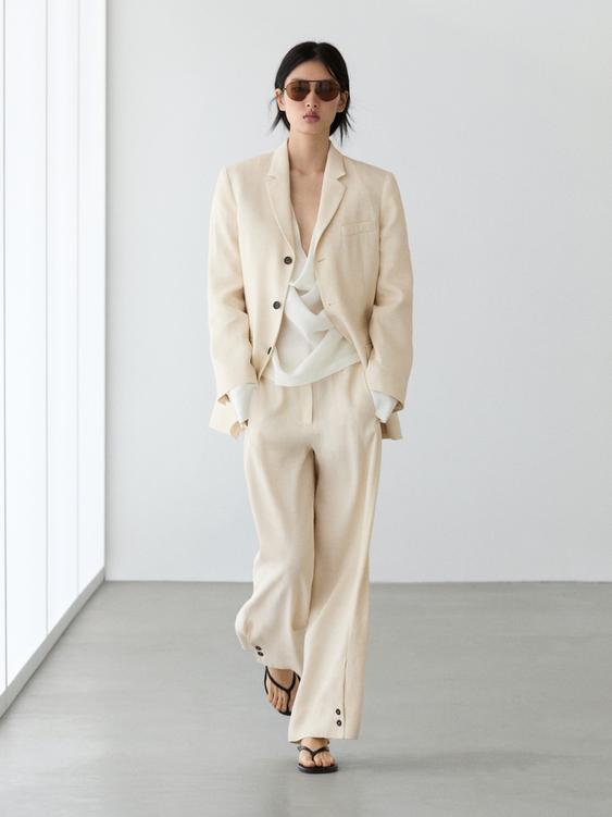 Linen blend suit trousers with button detail from Zara - $200