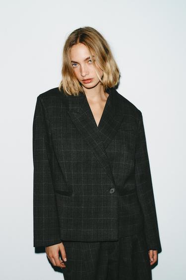 OVERSIZE CROPPED CHECK BLAZER - Grey marl by Zara