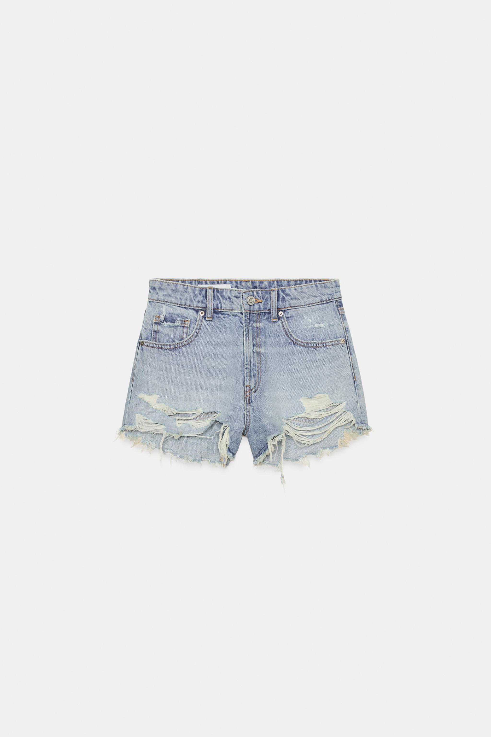 CURVED HIGH-WAISTED DENIM SHORTS
