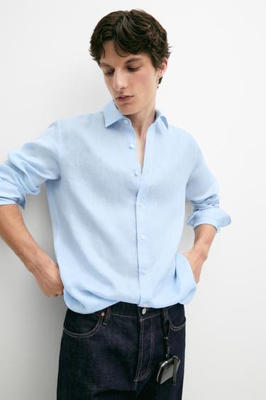 Zara Slim fit 100% linen shirt - Green stripe