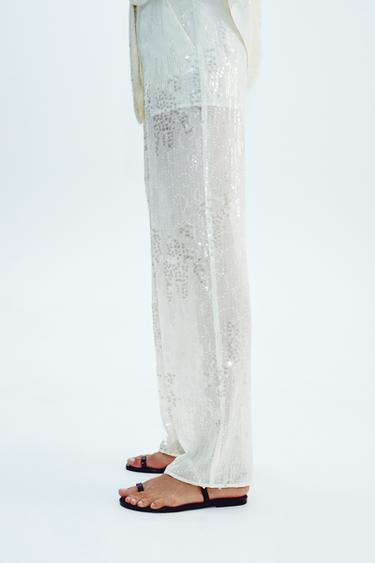 PANTALONI DRITTI CON PAILLETTES - Bianco sporco di Zara