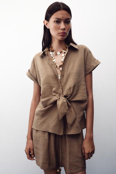 SHORT SLEEVE KNOT SHIRT - Brown / Taupe by Zara - Image 1