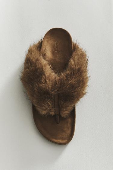 FAUX FUR THONG SANDALS - Camel Brown by Zara