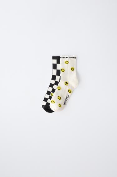 2-PACK OF SMILEYWORLD® CHECK MID-CALF SOCKS - Black / White by Zara - Image 0