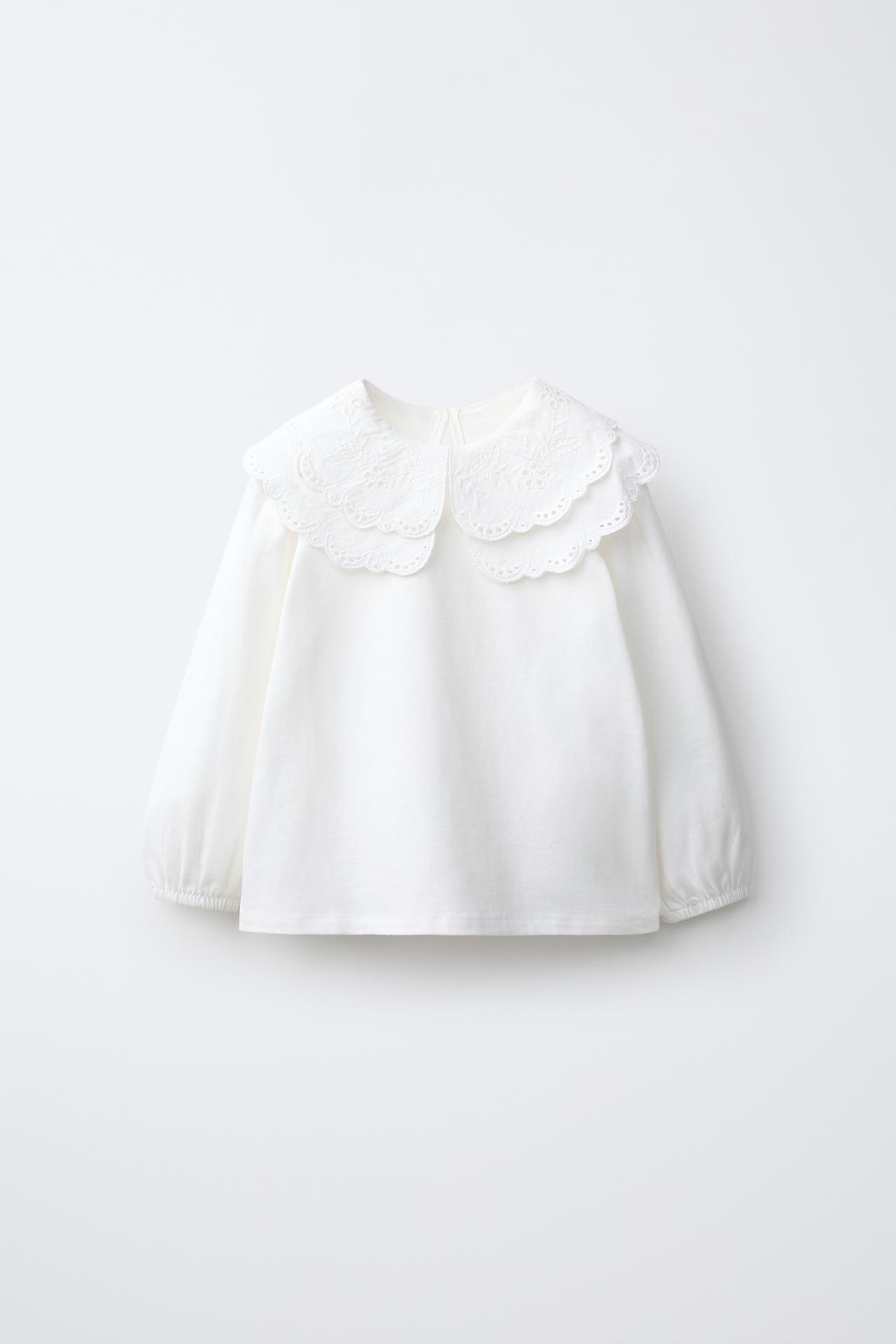 EMBROIDERED CONTRAST COLLAR TOP — Oyster-white