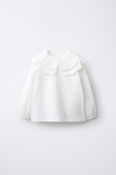 EMBROIDERED CONTRAST COLLAR TOP — Oyster-white 1