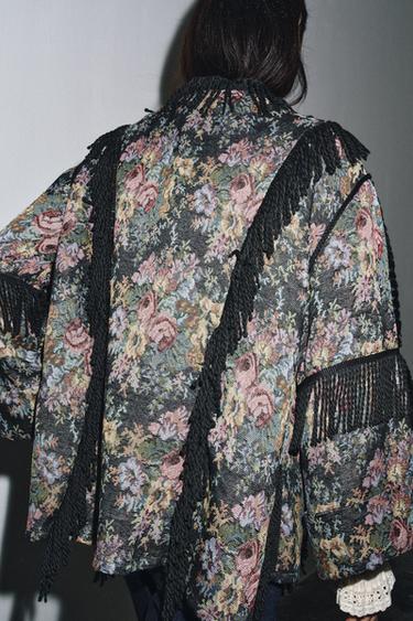 KIMONO JACQUARD FLEURS FRANGES - Noir de Zara - Image 1