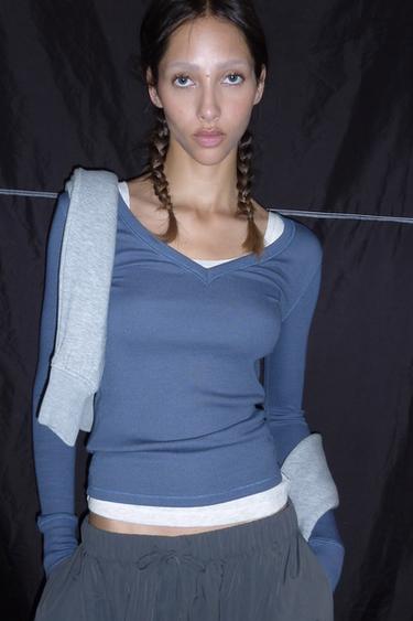 Zara RIBBED LONG-SLEEVE T-SHIRT - Blue / Indigo