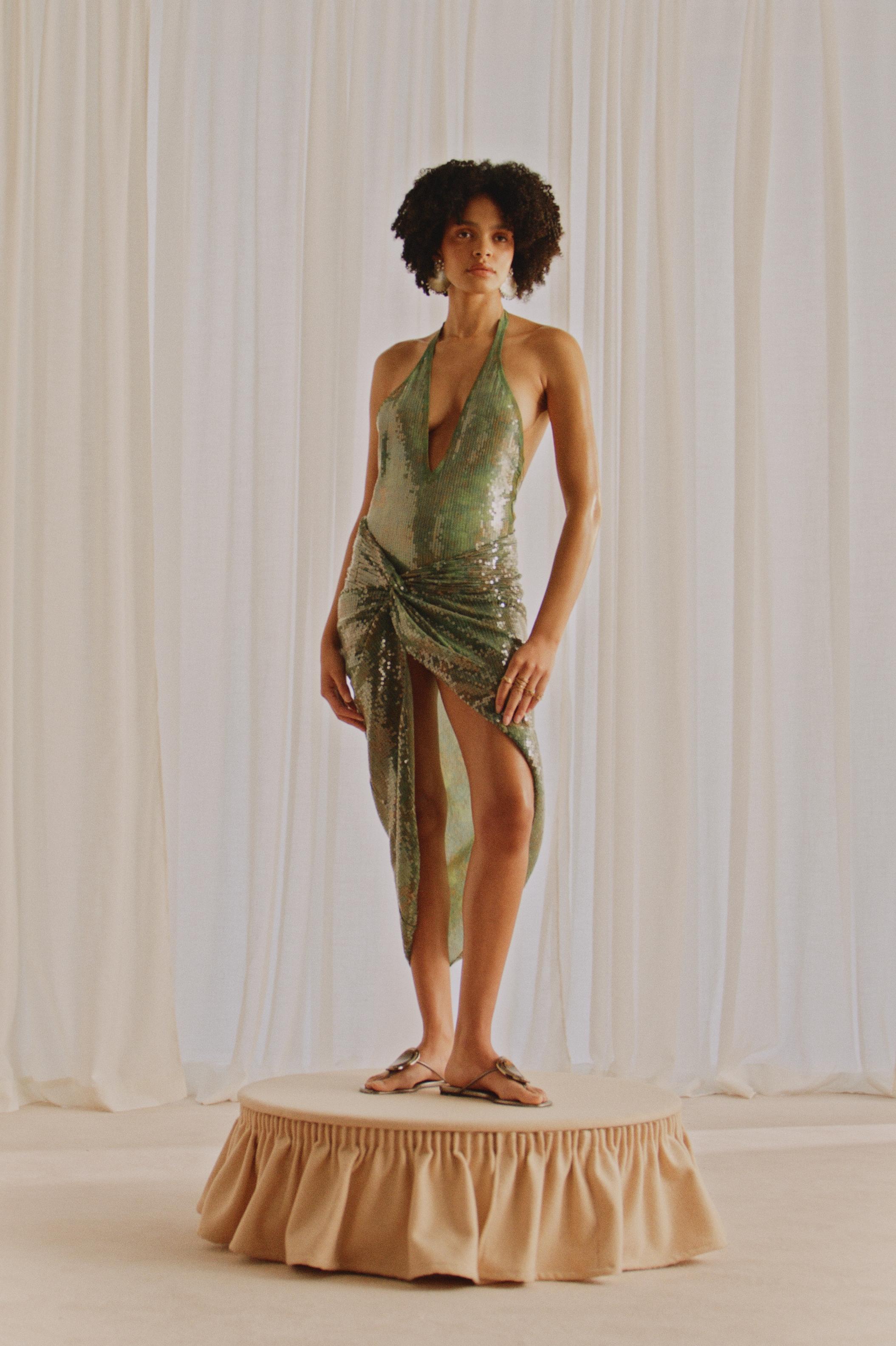 MARISA BERENSON X ZARA SEQUIN HALTER SWIMSUIT — Green