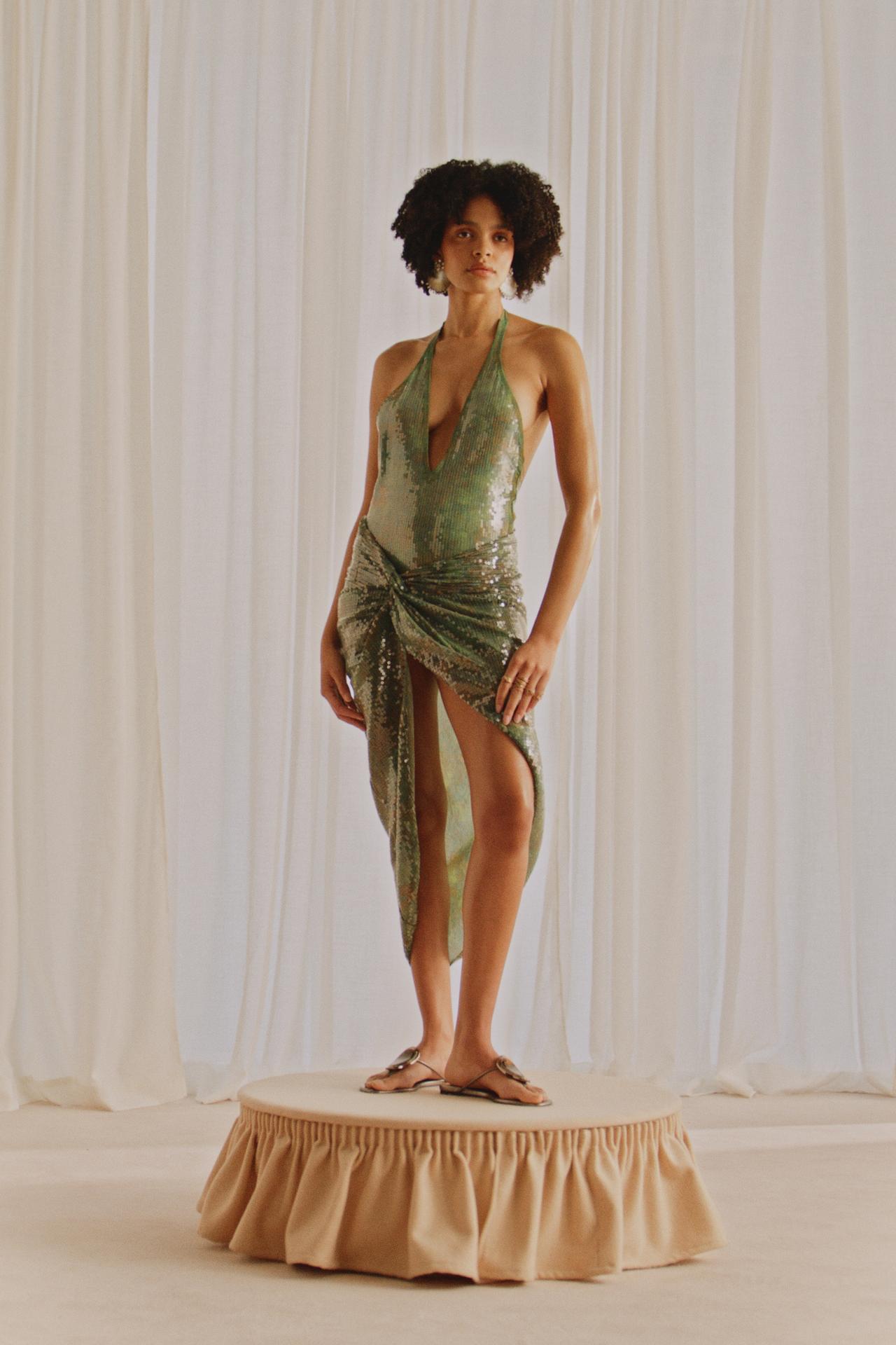 MARISA BERENSON X ZARA SEQUIN HALTER SWIMSUIT — Green