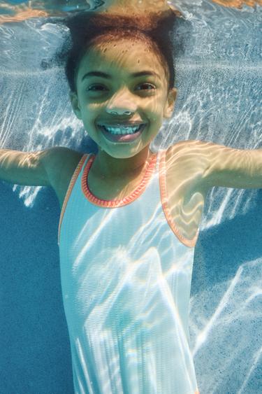 AGES 6-14 / SEERSUCKER SWIMSUIT WITH CONTRAST PIPING - Ecru by Zara