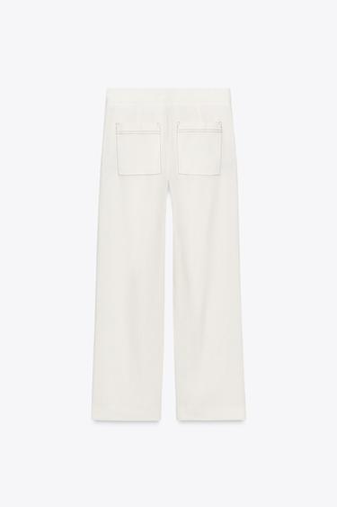 LINEN BLEND STRAIGHT-LEG TROUSERS WITH CONTRAST STITCHING - Ecru by Zara - Image 5