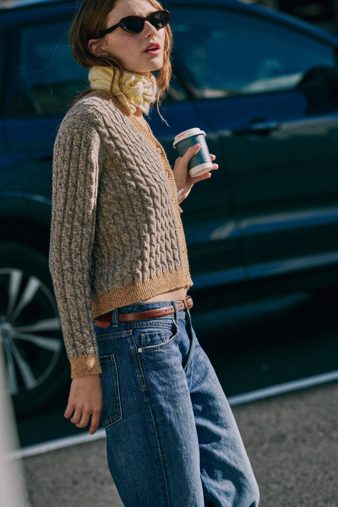 Женский кардиган Zara Wool Cable-Knit, цвет: Коричневый / Серо-коричневый — фото 4