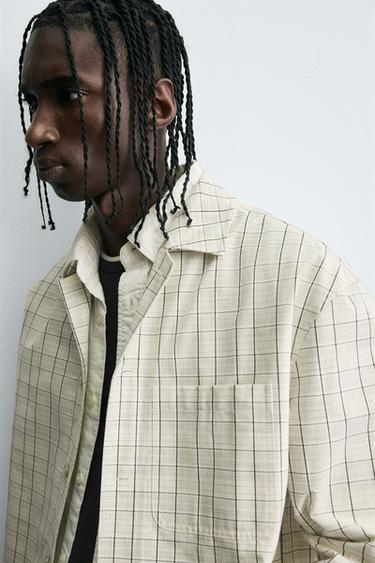 Zara TEXTURED PLAID OVERSHIRT - Oyster-white