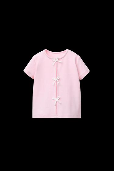 Zara RIBBED T-SHIRT WITH BOWS - Pastel pink - Image 0