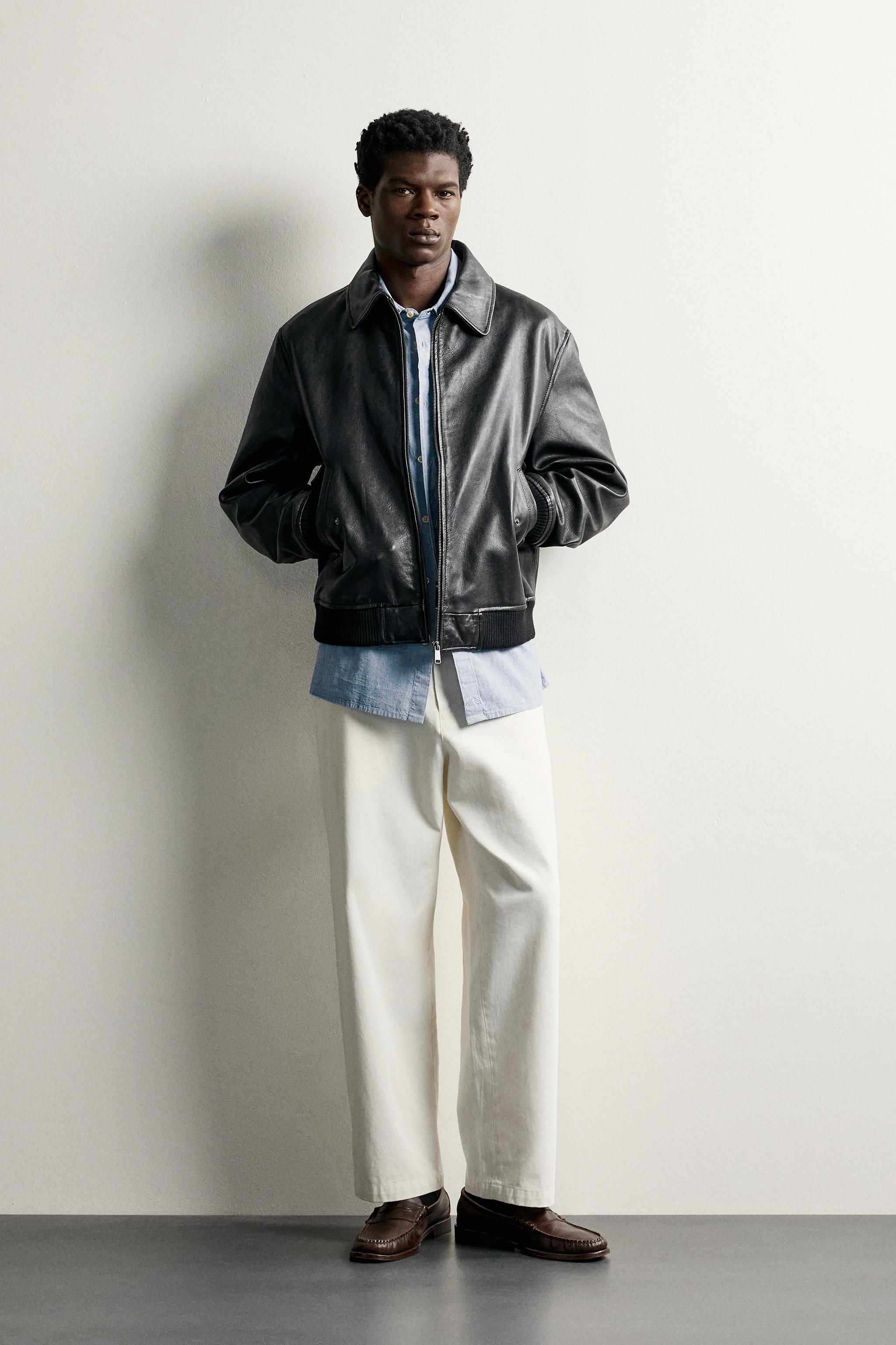 REGULAR FIT LEATHER JACKET — Black