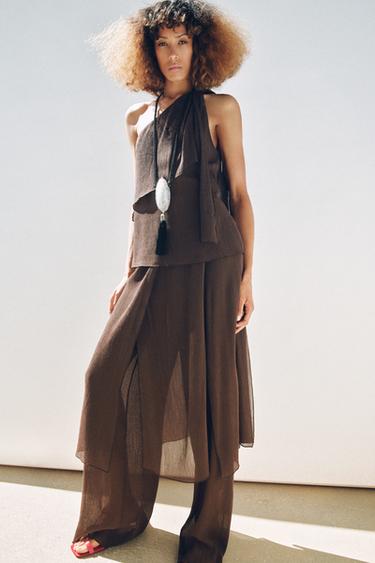 Zara TEXTURED PAREO PANTS - Chocolate