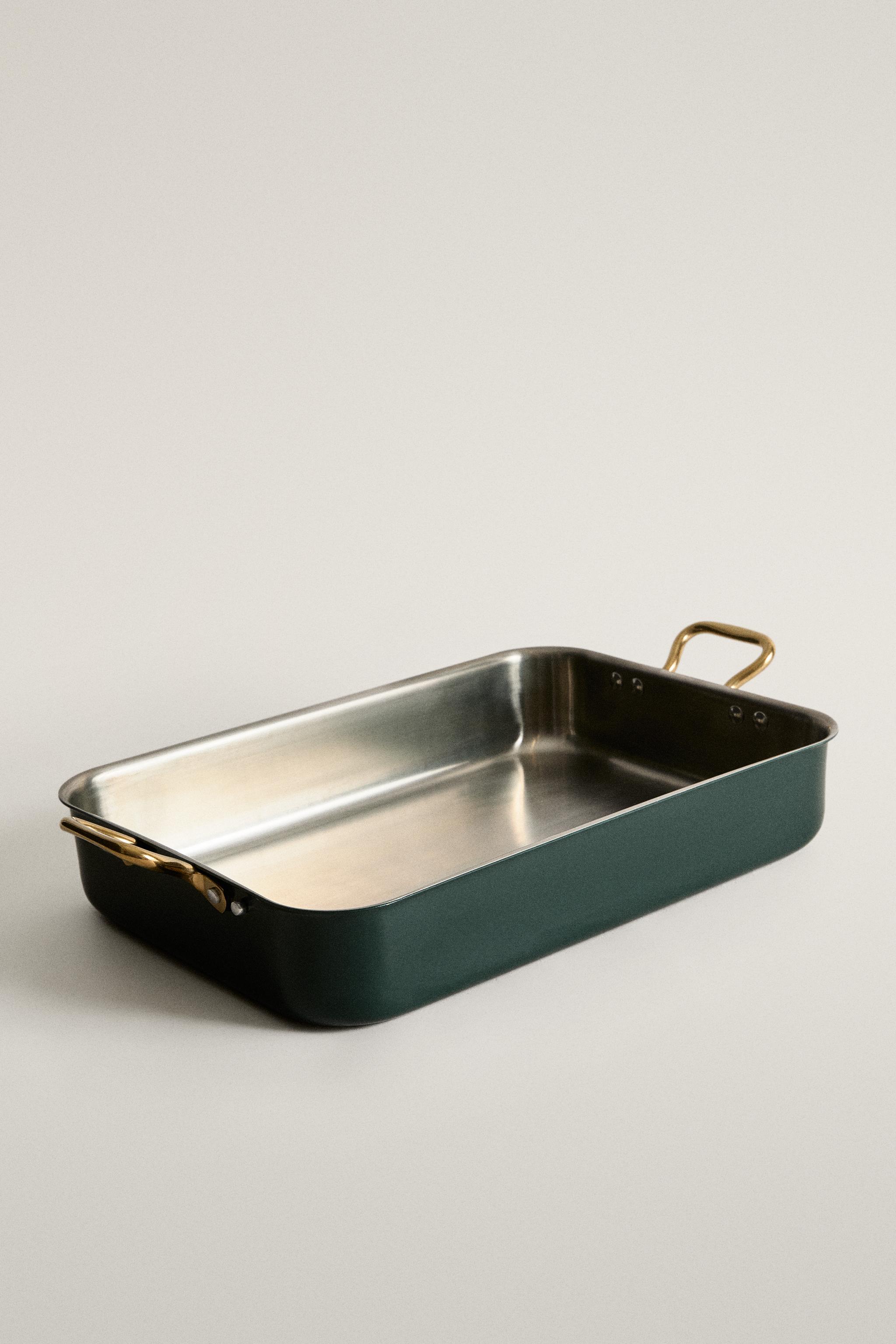 RECTANGULAR STEEL SERVING DISH WITH GOLD HANDLES CHRISTMAS