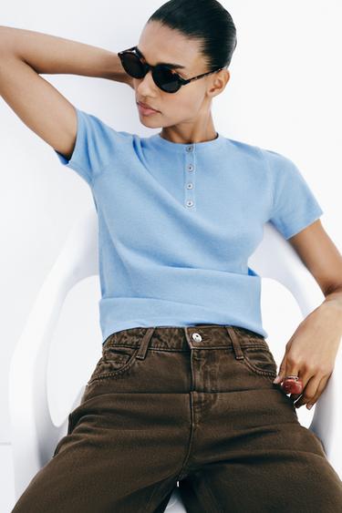 KNIT BUTTON-UP TOP - Light blue by Zara