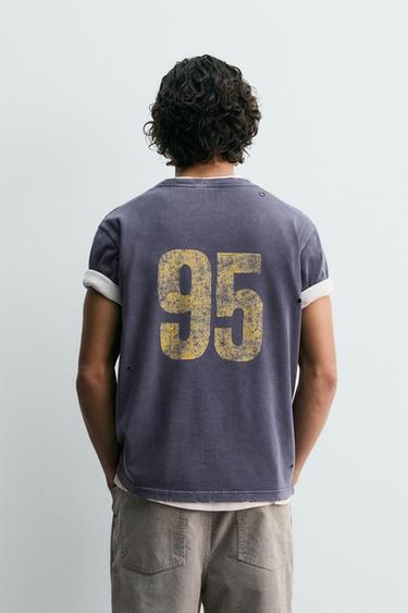 T-SHIRT DÉLAVÉ À IMPRIMÉ NUMÉRO - Bleu encre de Zara - Image 2