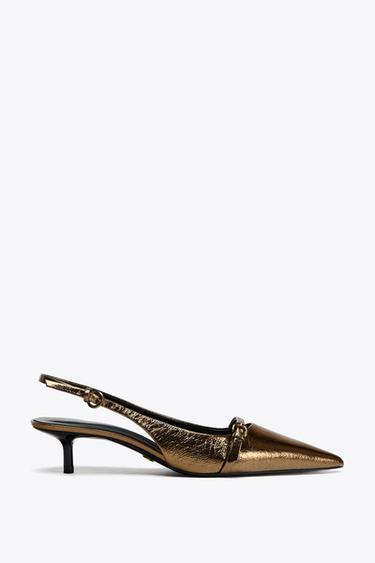 Zara METALLIC EFFECT SLING BACK KITTEN HEELS - Gold