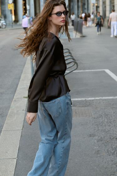 SATIN BLOUSE WITH THIN BELT - Black by Zara - Image 2