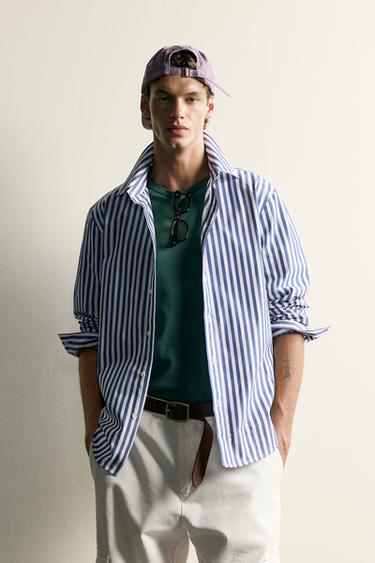Zara RELAXED FIT STRIPED SHIRT - Ecru / Blue