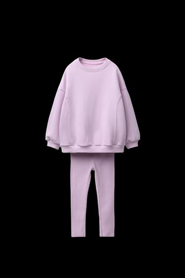 RIBBED LEGGINGS AND BOW SWEATSHIRT JOGGING SET - Light mauve by Zara - Image 0