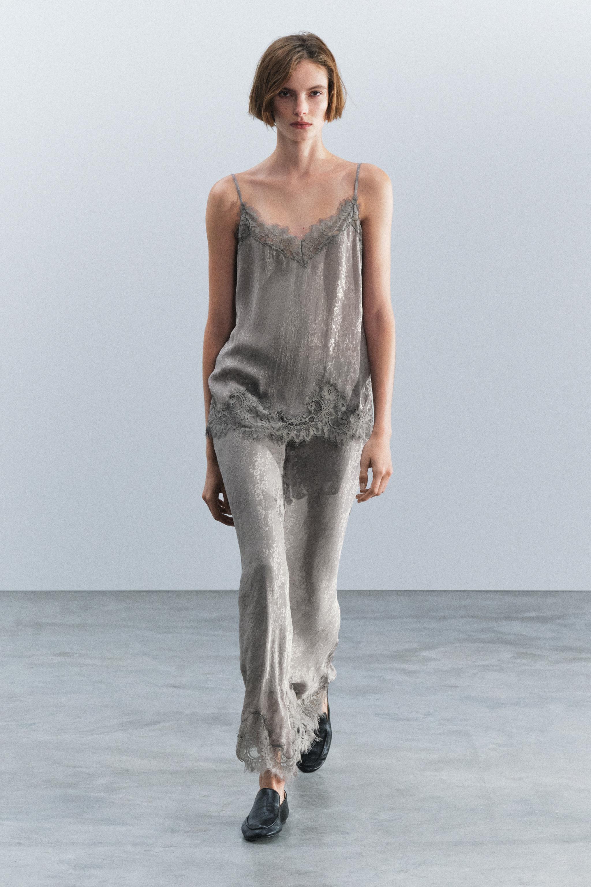 シーツ(シルバー) ZARA  ZW COLLECTION JACQUARD LINGERIE-STYLE TOP - Grey marl | ZARA