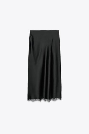 FALDA MIDI SATINADA ENCAJE - Negro de Zara