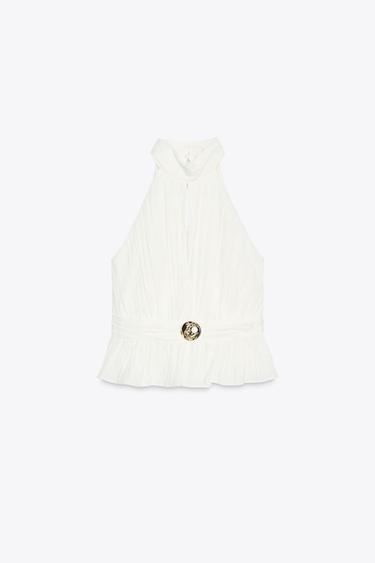 TOP HALTER PLISSÉ - Blanc cassé de Zara - Image 3