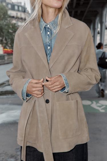 100% LEATHER JACKET WITH BELT - Stone by Zara - Image 1