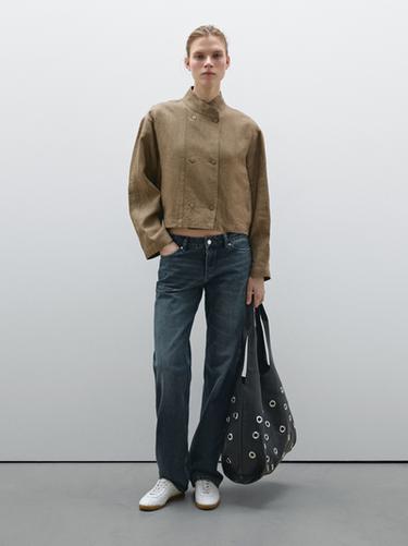 Zara 100% linen crossover bomber jacket - Brown - Image 0